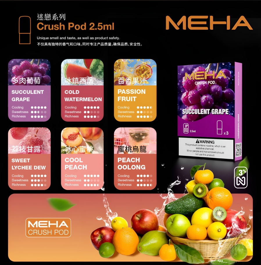 全新升級 Meha煙彈 魅嗨五代霧化彈一盒三入 2.5ml顆 買四盒送魅嗨方形主機 1 meha煙彈