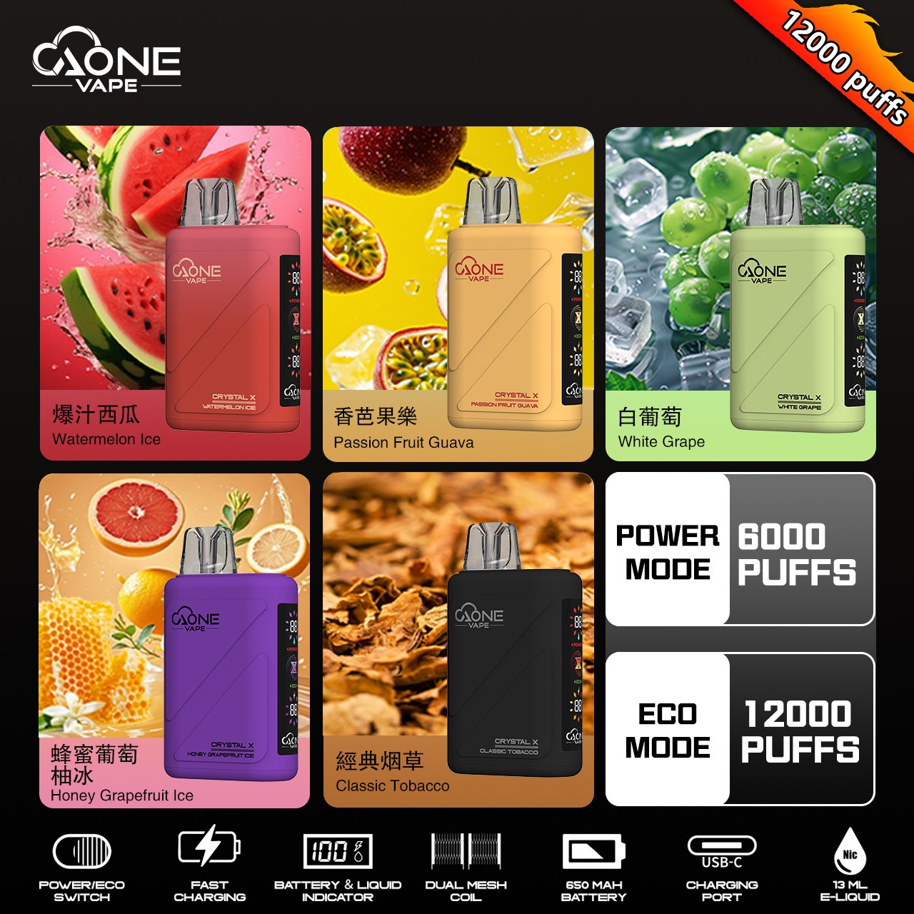 AONE Crystal X 水晶二代 12000口抛棄式電子煙 一次性電子菸 現貨 2 AONE Crystal X 水晶二代 12000口抛棄式電子煙 一次性電子菸 現貨:圖片 2